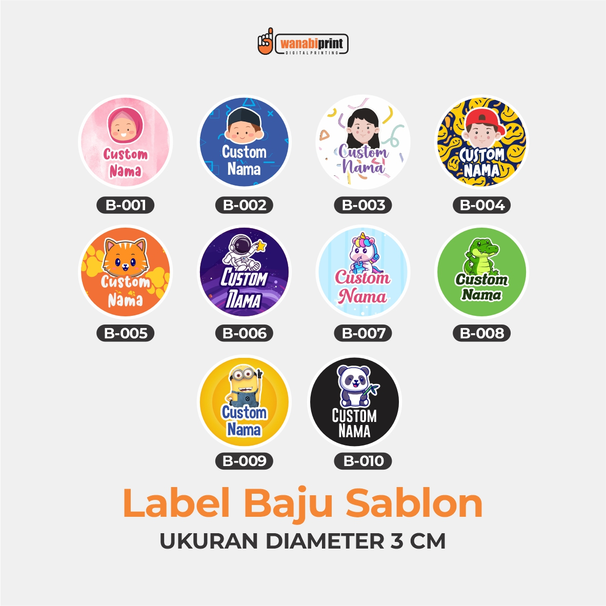 LABEL BAJU SABLON DIAMETER 3CM ISI 40 PCS